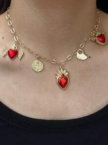 Collar con colgante con dije con forma de corazón rojo y tono dorado con cierre de circonita, adecuado para niñas y mujeres para uso diario, fiesta, cumpleaños, citas, regalo de joyería de moda creativa hecha a mano - Rojo - Ver 4