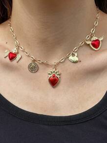 Collar con colgante con dije con forma de corazón rojo y tono dorado con cierre de circonita, adecuado para niñas y mujeres para uso diario, fiesta, cumpleaños, citas, regalo de joyería de moda creativa hecha a mano - Rojo - Ver 5