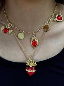 Collar con colgante con dije con forma de corazón rojo y tono dorado con cierre de circonita, adecuado para niñas y mujeres para uso diario, fiesta, cumpleaños, citas, regalo de joyería de moda creativa hecha a mano - Rojo - Ver 3