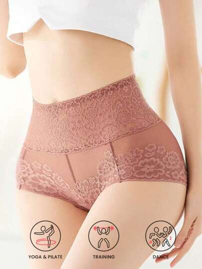 1pc Lace Floral Decor Sexy Sports Slimming & Tummy Control Leggings, Breathable Shaping Beauty Pants, Women Butt Lifting Tights, Base Layer Pants, Waist Slimming Bottoms Gym Accessories