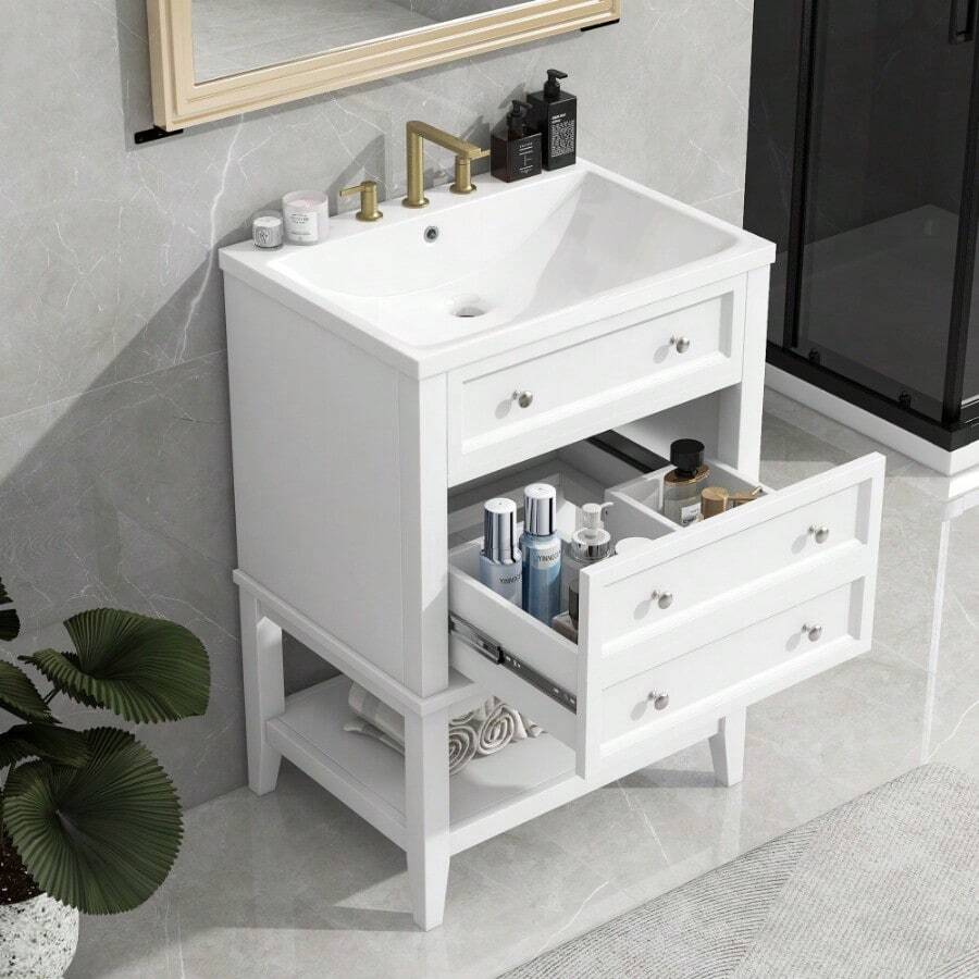 24" Bathroom Vanity With Sink, Bathroom Storage Cabinet With Drawer And Open Shelf, Solid Wood Frame, White - White + Solid Wood+MDF-2 - View 1