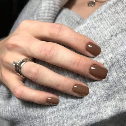 24片棕色按压式美甲贴，短方形甲片，短椭圆形假指甲（带胶水），亚克力圆形软胶美甲贴，女士日常及工作美甲用品