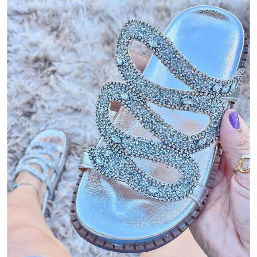 Luxury Women's Papete Sandal With Beads And Rhinestones Birken Snake Embossed - Bạc - Xem 1