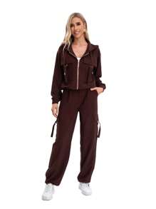 Plain Women's Set Of Hooded Jacket With Cargo-Cut Pockets And Cargo Pants With Adjustable Pockets