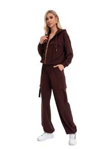 Plain Women's Set Of Hooded Jacket With Cargo-Cut Pockets And Cargo Pants With Adjustable Pockets