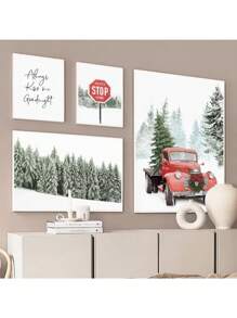1 pièce Peinture sur canevas Artwork Mur Arbre de pin d'hiver Père Noël Renne Bonhomme de neige Décoration de maison Affiches Impressions Images murales pour salon Sans cadre, Décoration de Noël, Cadeau de Noël