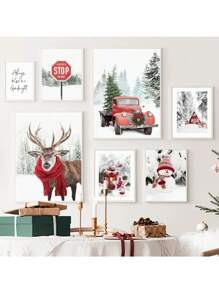 1 pièce Peinture sur canevas Artwork Mur Arbre de pin d'hiver Père Noël Renne Bonhomme de neige Décoration de maison Affiches Impressions Images murales pour salon Sans cadre, Décoration de Noël, Cadeau de Noël