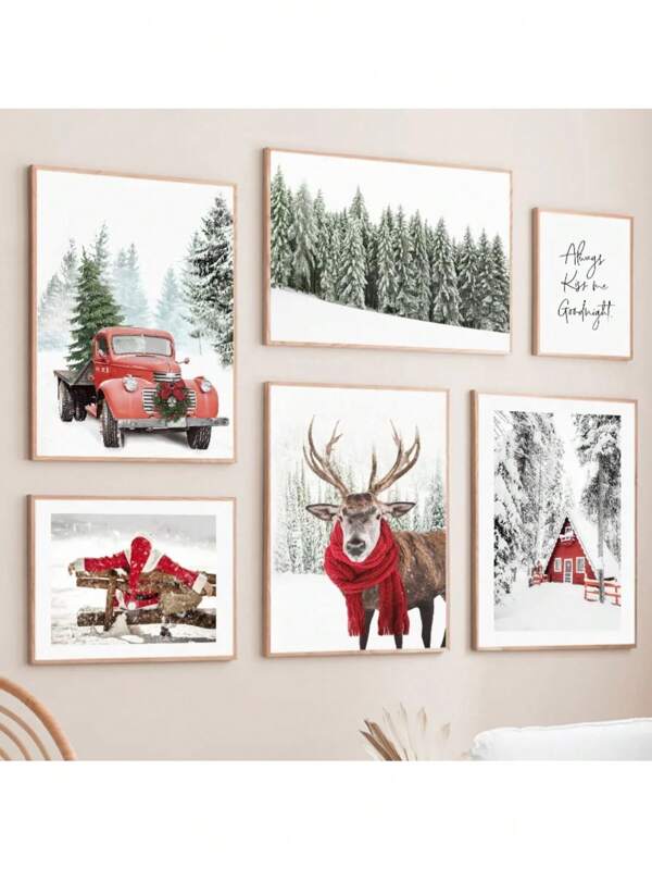 1 pièce Peinture sur canevas Artwork Mur Arbre de pin d'hiver Père Noël Renne Bonhomme de neige Décoration de maison Affiches Impressions Images murales pour salon Sans cadre, Décoration de Noël, Cadeau de Noël