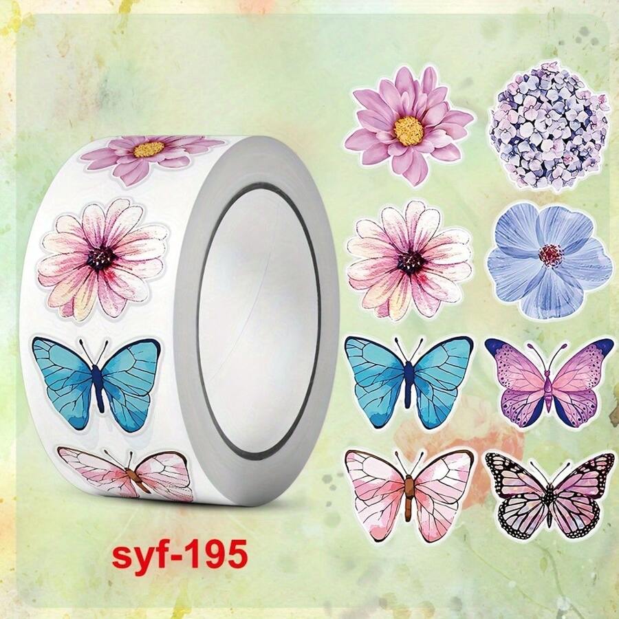 500pcs/Roll, 0.98in Butterfly Flower Stickers For Decorating Gift Boxes, Self-Adhesive Labels - Multicolor - View 1