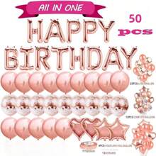 50 piezas Decoraciones de fiesta de cumpleaños Globos con letrero de "Feliz Cumpleaños" en color dorado rosa, globos con forma de corazón y estrella de lámina, confeti para decoración de fiesta de cumpleaños de hombres y mujeres, bolas de aire, Navidad