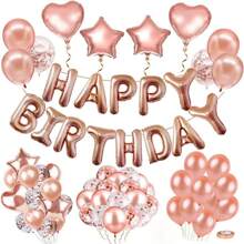 50 piezas Decoraciones de fiesta de cumpleaños Globos con letrero de "Feliz Cumpleaños" en color dorado rosa, globos con forma de corazón y estrella de lámina, confeti para decoración de fiesta de cumpleaños de hombres y mujeres, bolas de aire, Navidad