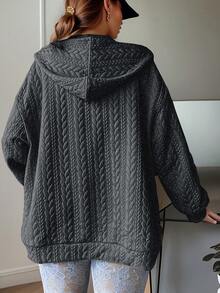 UREREM Plus Size Solid Color Cable Knit Texture Drawstring Zip-Up Sweatshirt, Loose Casual Fashion Jacket, 200G Knit Fabric - Dark Grey - View 2