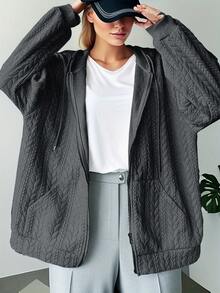 UREREM Plus Size Solid Color Cable Knit Texture Drawstring Zip-Up Sweatshirt, Loose Casual Fashion Jacket, 200G Knit Fabric - Dark Grey - View 3