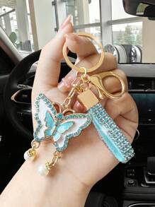 Fashionable Full Rhinestone Pink/Blue Pearl Butterfly Keychain, Elegant Unisex Luxury Car Key Chain, Backpack Pendant, Cute Chic All-Match Jewelry Accessories - one-size - View 13