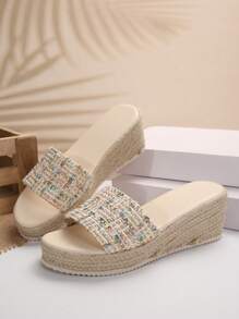 Nieuwe dikke bodem geweven touw platform wig slippers voor dames, modieuze persoonlijkheid comfortabele casual klassieke band wig slippers