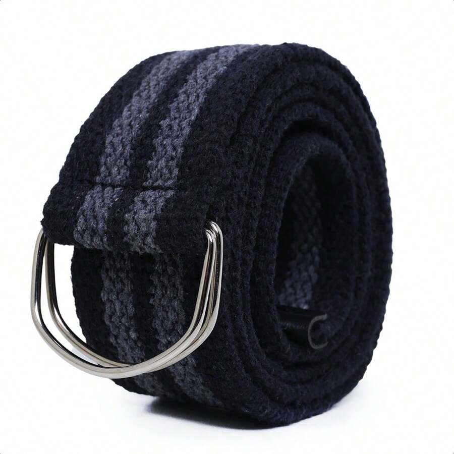 Men's Canvas Fabric Belt 2 Grosgrain Edges Half Ring Buckle High Quality - 黑灰色 - 查看 1