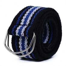 Men's Canvas Fabric Belt 2 Grosgrain Edges Half Ring Buckle High Quality - 黑灰色 - 查看 4