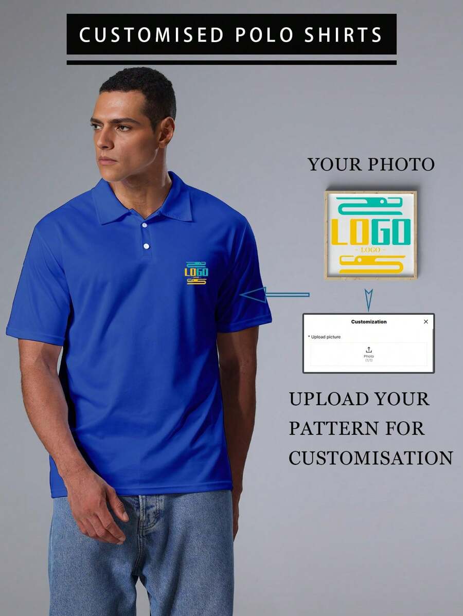 Camisa polo personalizada de estilo novio para hombre - Agrega tu propia imagen, logotipo, personalización con extracción inteligente de imagen, estilo suelto y casual - Azul - Ver 1