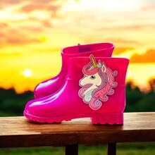 Pink Children's Galoshes Blogger Girl's Boot Unicorn Combat Boots Waterproof Rain Boots Cold School - Màu Hồng Tươi - Xem 2