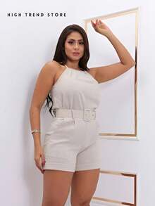 Women's Linen Set Shorts And Tank Top Blouse With Belt Beautiful New Release - 米色 - 查看 3