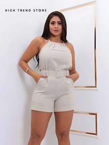 Women's Linen Set Shorts And Tank Top Blouse With Belt Beautiful New Release - 米色 - 查看 4