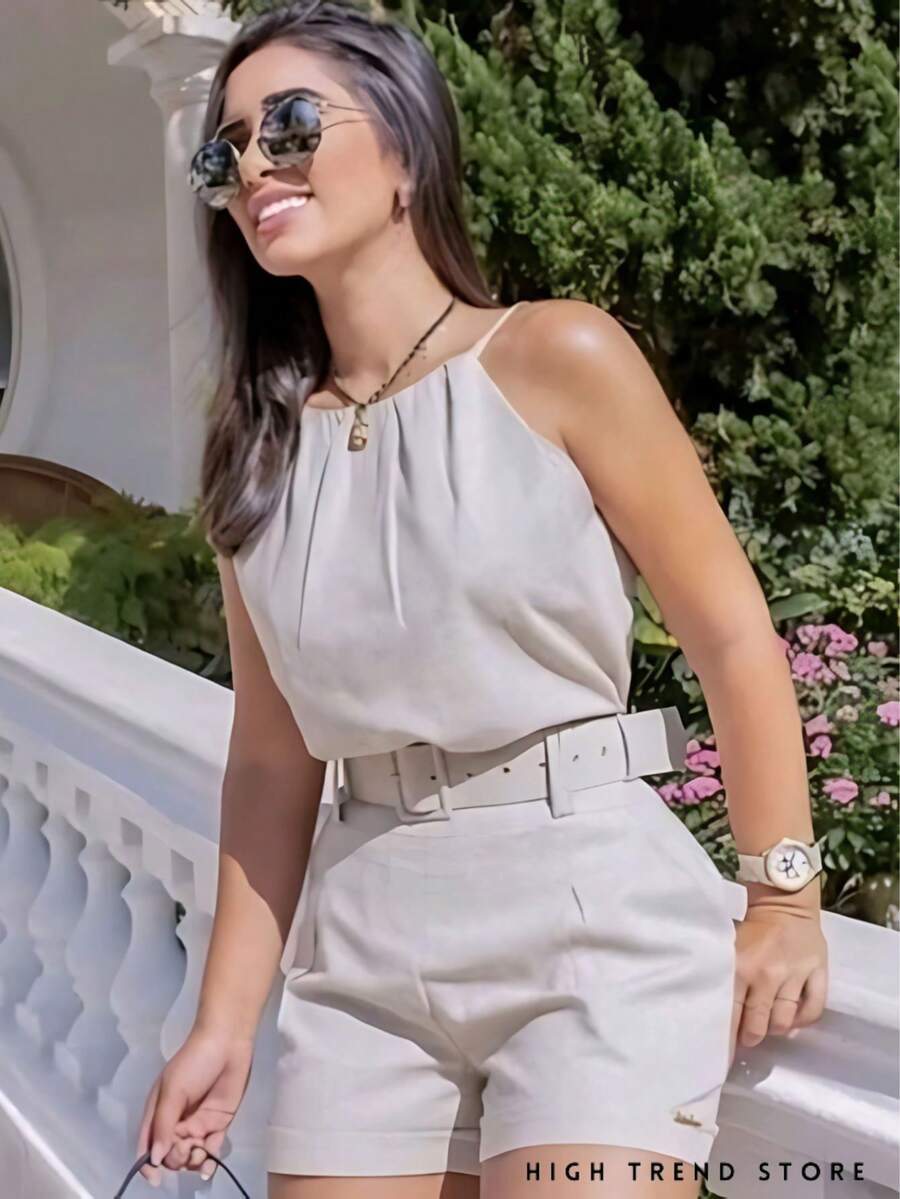 Women's Linen Set Shorts And Tank Top Blouse With Belt Beautiful New Release - 米色 - 查看 1