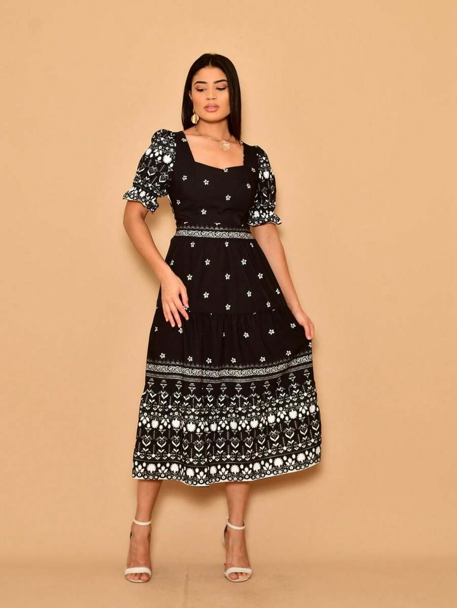 Helena Crepe Printed Midi Dress With Short Sleeves - Black - View 1