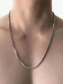 1 件装男士不锈钢银色方形设计简约链条项链，适合运动、休闲装，送给男朋友、父亲、丈夫、同学的礼物