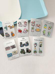 4pcs/Set Cute Cartoon Cat, Cassette Tape, Cactus Alloy Brooch Pins, Vintage Electroplated Black