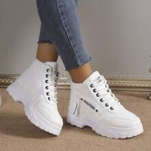 Nuove sneaker casual alte da donna con punta tonda, allacciate, in stile patchwork a contrasto di colori, versatili, adatte per l'aperto e il campus, stile autunno/inverno - Bianco - Visualizzare 7
