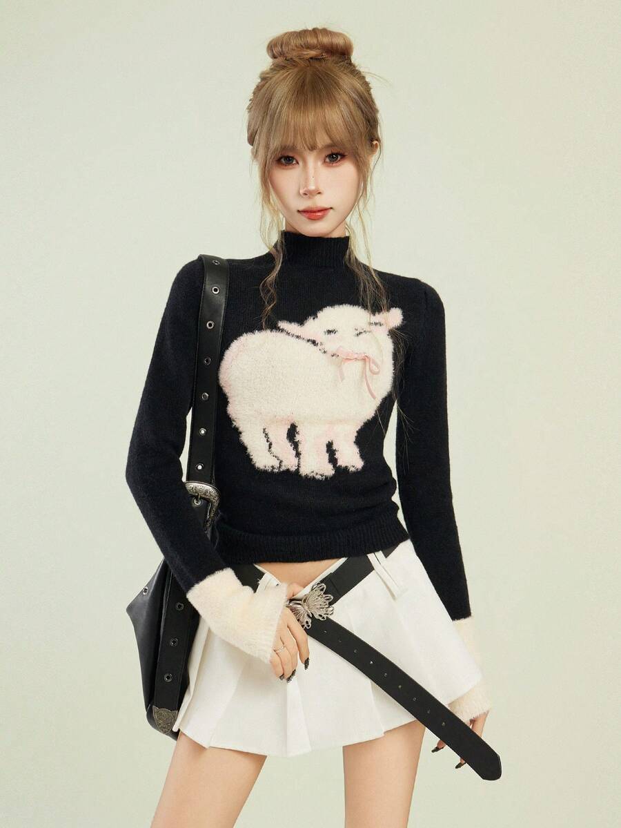 Black High Neck Long Sleeve Knit Sweater For Women, Cute Sheep Design, Turtleneck Pullover, Autumn Winter,Long Sleeve Tops - Black - View 1