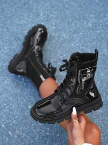 Damen Mode Schnürstiefeletten mit dickem Absatz und seitlichem Reißverschluss, stilvolles Design, geeignet für formelle und lässige Anlässe - Schwarz - Übersicht 6