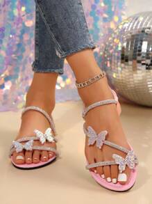 Colorful Rhinestone Bow Dual-Wear Women's Sandals, French Fashion Silver Flat Slippers Suitable For Date, Party, Home, Casual Daily Wear, Summer & Autumn