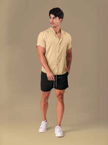 Men's Short Sleeve Shirt With Priest Collar Slim Fit - Linen Look - 杏色 - 查看 5