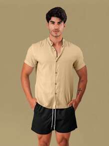 Men's Short Sleeve Shirt With Priest Collar Slim Fit - Linen Look - 杏色 - 查看 4