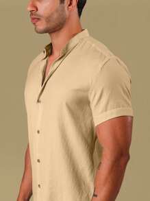 Men's Short Sleeve Shirt With Priest Collar Slim Fit - Linen Look - 杏色 - 查看 6