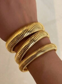 1pc Fashionable Thick Stainless Steel Elastic Bracelet, Available In Multiple Sizes, Suitable For Daily Wear - Yellow Gold - View 3