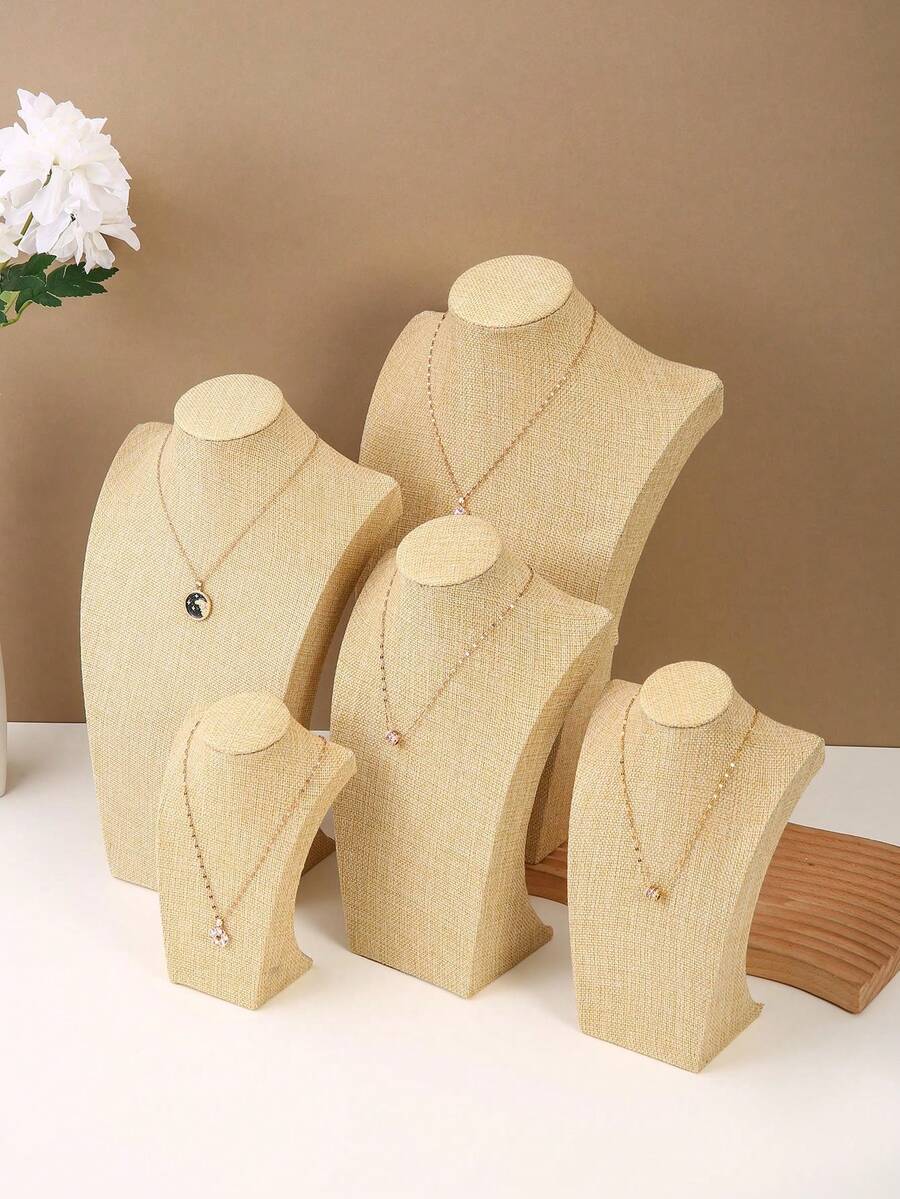 亚麻和天鹅绒项链胸围珠宝展示架，项链架，珠宝展示模特展示柜 - 亞麻色 - 查看 1