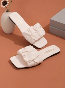 女士时尚方头褶皱平底休闲凉鞋，夏季旅行必备 - 白色 - 查看 4
