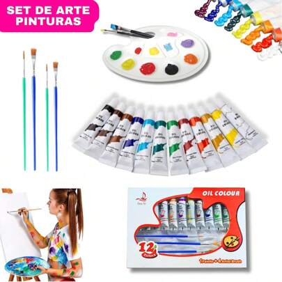 Set de 12 pinturas de oleo aceite de 12 ml, Paleta mezcladora de pintor, Pinceles. Pack de pinturas al Óleo herramientas de dibujo artístico y suministros de arte.