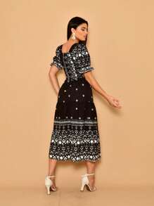 Helena Crepe Printed Midi Dress With Short Sleeves - Black - View 5