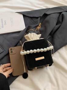 1pc Mini Pearl Chain Decor Solid Color PU Drawstring Crossbody Bag, Suitable For Women's Daily Use - Black - View 3