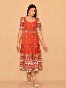 Helena Crepe Printed Midi Dress With Short Sleeves - Burnt Orange - View 3