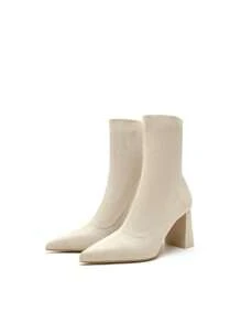 Women's Autumn New Pointed Toe High Heel Party Short Boots, European & American Style Chunky Heel Ankle Boots, Elastic Slim Fit Vacation Boots, Fashion Boots - Apricot - View 6