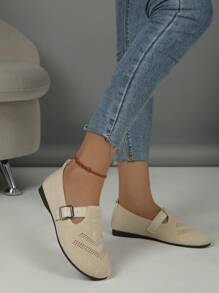 Women 2024 Flat Low-Heel Round Toe Wide Hollow One-Buckle Knitted Breathable Slip-On Beige Socks Shoes Comfortable Soft Sole All Season Loafers Plus Size