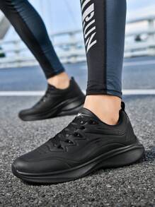男士轻便超大号皮革跑步鞋，户外运动鞋黑色休闲日常跑步鞋 - 黑色 - 查看 2
