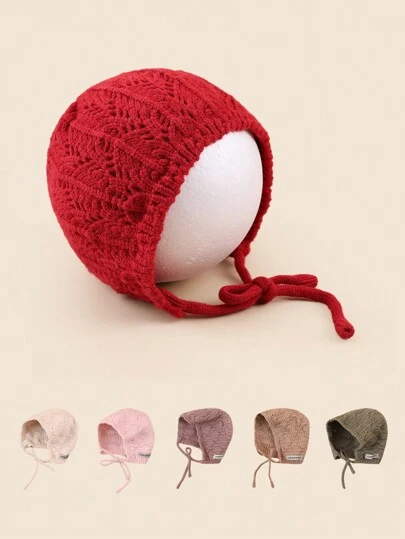 1 件装儿童韩版镂空复古时尚针织帽，男女通用婴儿可爱耳罩式系带帽