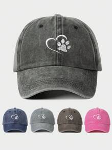 1pc Women Embroidered Heart & Bear Paw Washed Baseball Cap, Adjustable Outdoor Sun Hat, Suitable For Spring, Autumn, Travel, Beach, Vacation, Also Fits Young Men, Y2K Style Valentine's Day Valentines
