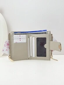 新款女式短款按扣钱包 柔软 PU 皮革 双拉链零钱包 简约时尚钱包 长卡包 卡包 女士礼物 钱包 钱包 小钱包