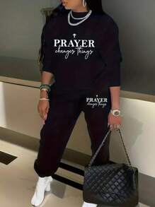 Plus Size Sportswear Two Piece Set, Women's Plus Size Slogan Printed Long Sleeve Crew Neck Sweatshirt And Jogger Sweatpants Two Piece Set - màu đen - Xem 1